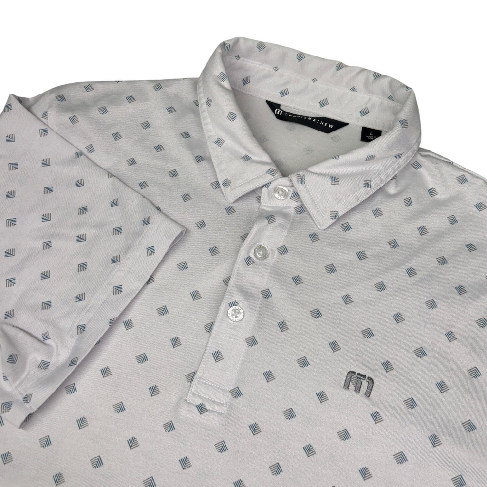 Travis Mathew Polo Shirt Mens Large White Blue Geometric Diamond Print